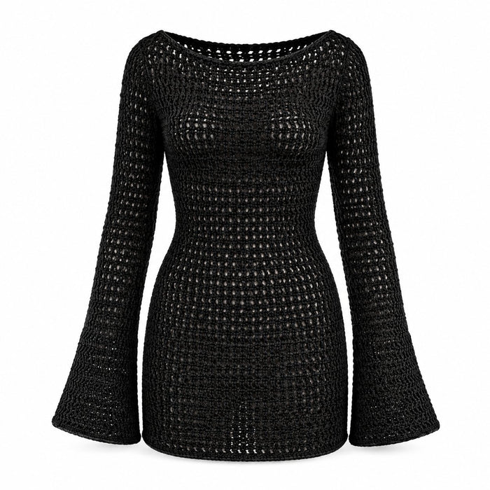 Tulum Backless Crochet Dress - Black - Front