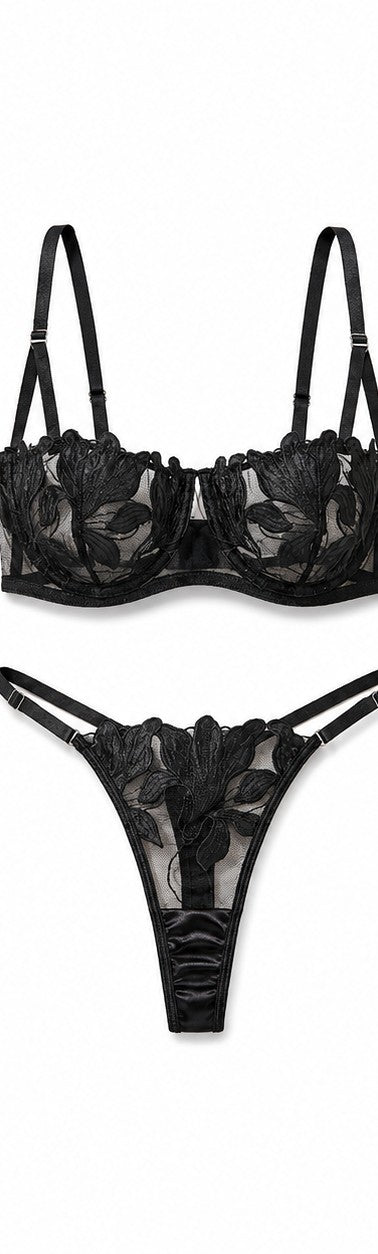 Embroidered Mesh Push-Up Bra Set - Black - Front