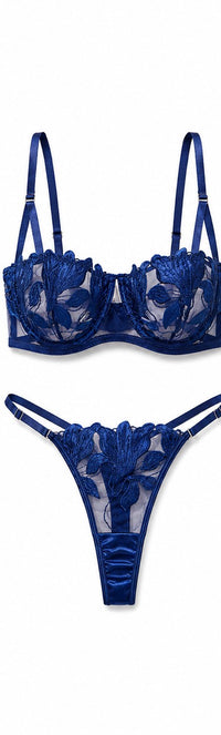 Embroidered Mesh Push-Up Bra Set - Navy - Front