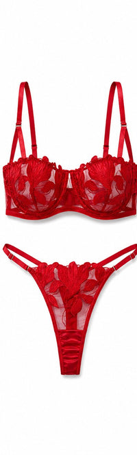 Embroidered Mesh Push-Up Bra Set - Red - Front