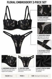 Embroidered Mesh Push-Up Bra Set - Details