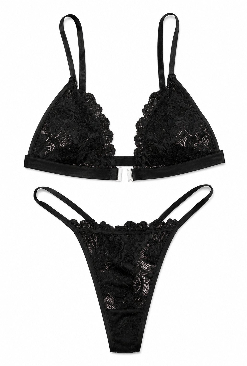 Floral Lace Cut-Out Bra Set - Black - Front