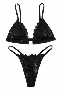 Floral Lace Cut-Out Bra Set - Black - Front