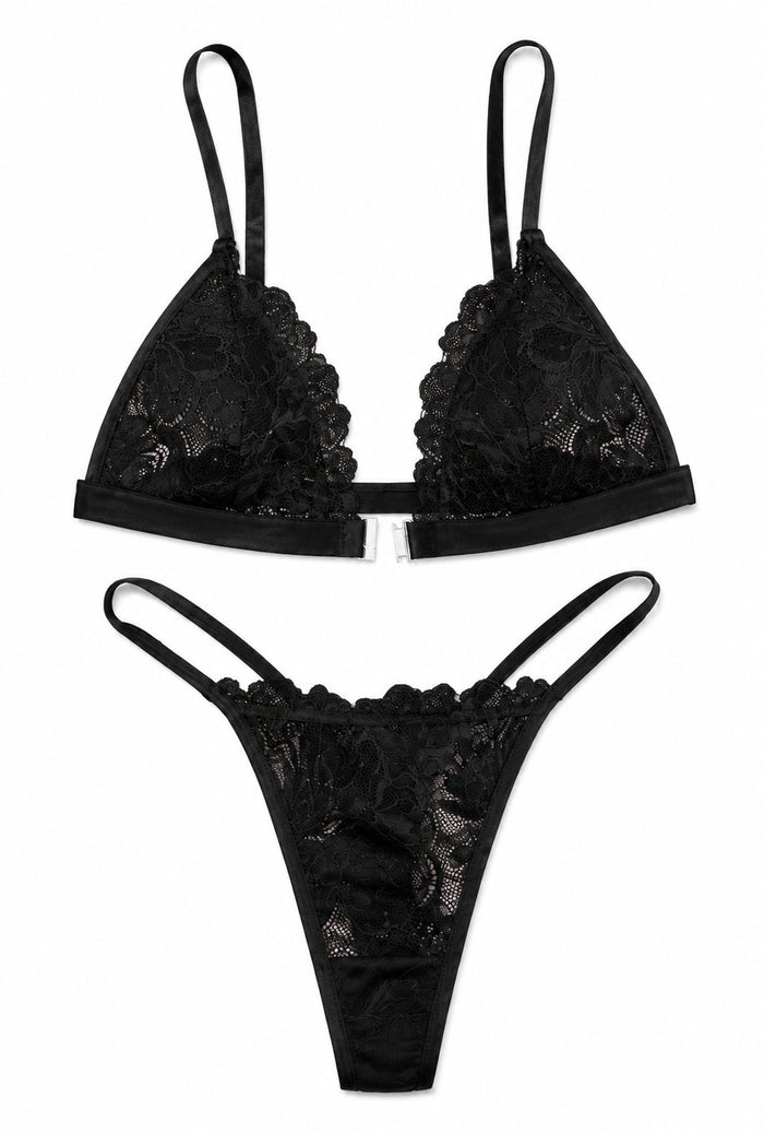 Floral Lace Cut-Out Bra Set - Black - Front