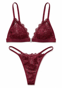 Floral Lace Cut-Out Bra Set - Red - Front