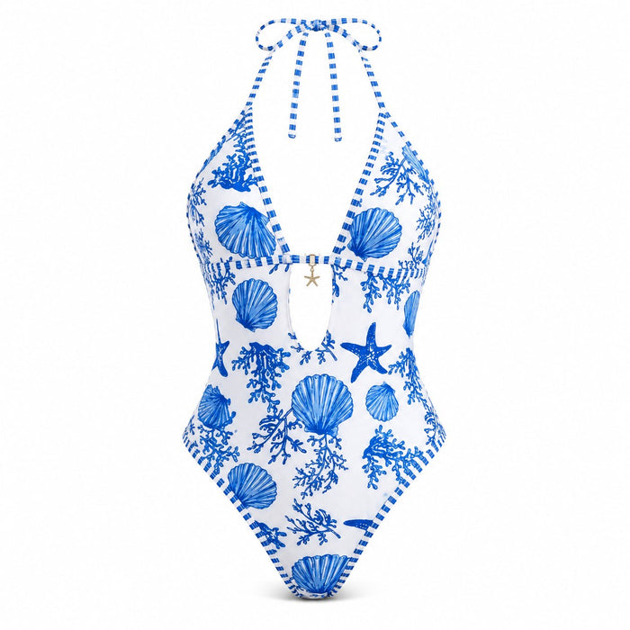 The High-Cut Backless One-Piece - Blue & White - Front